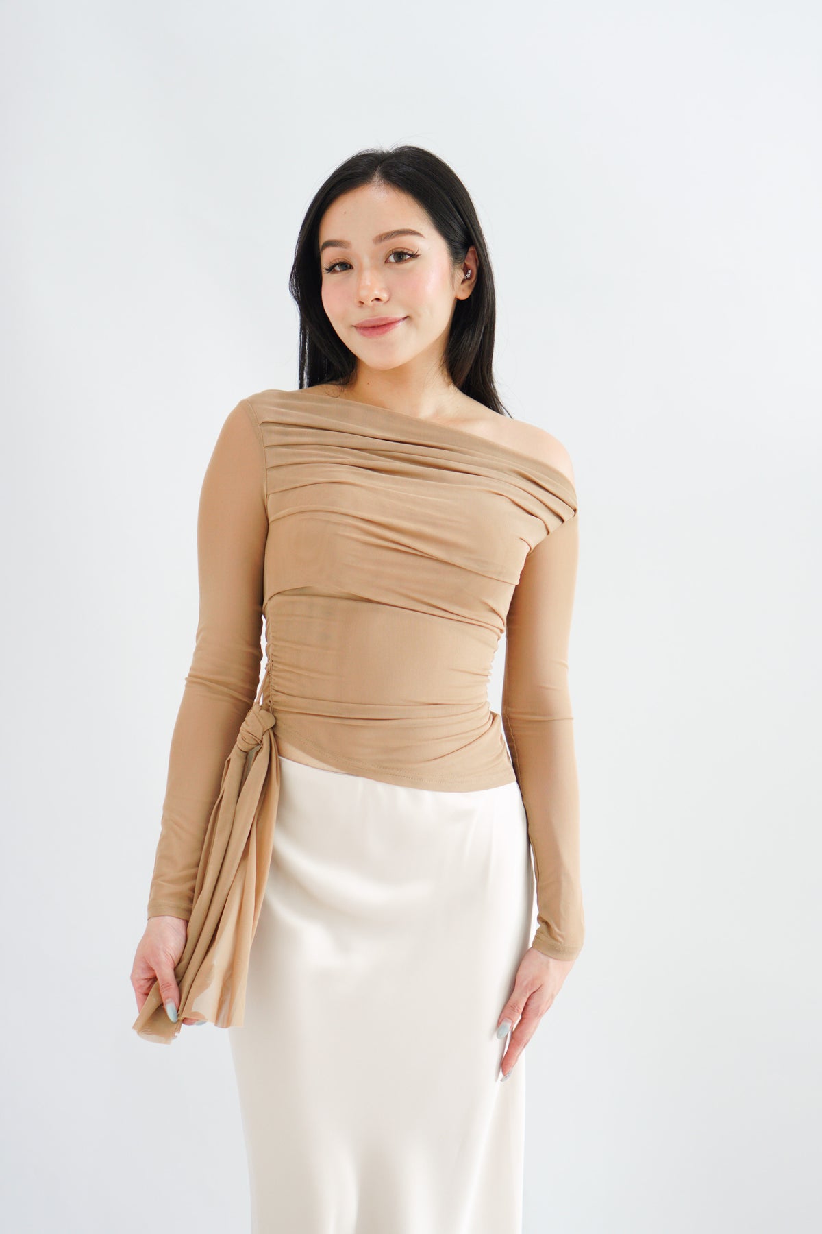 Starlia Long Sleeve Ruched Drape Mesh Toga Top in Khaki