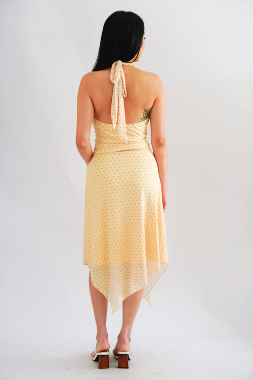 Honey Glow Polkadot 2 Piece Halter Cowl Neck Skirt Set in Yellow