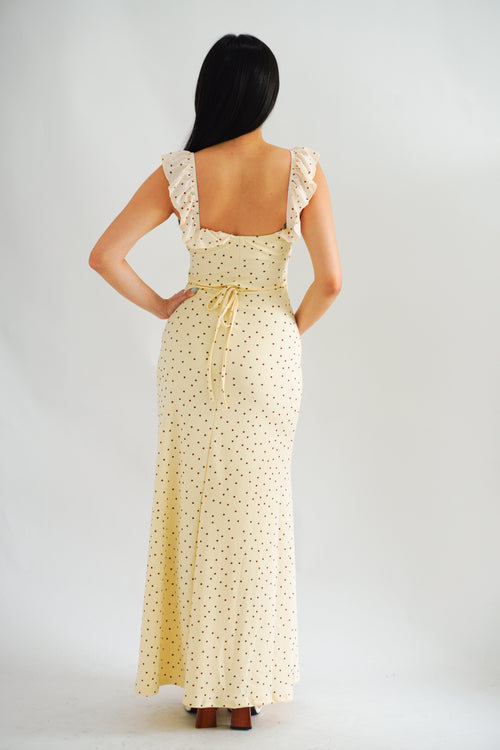 Sun and Moon Polkadot Ruffle Sleeves Maxi Bodycon Dress in Cream