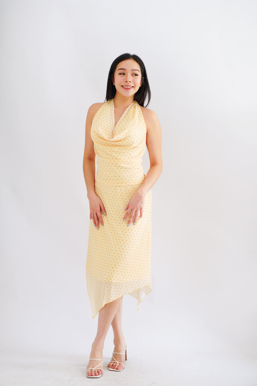 Honey Glow Polkadot 2 Piece Halter Cowl Neck Skirt Set in Yellow