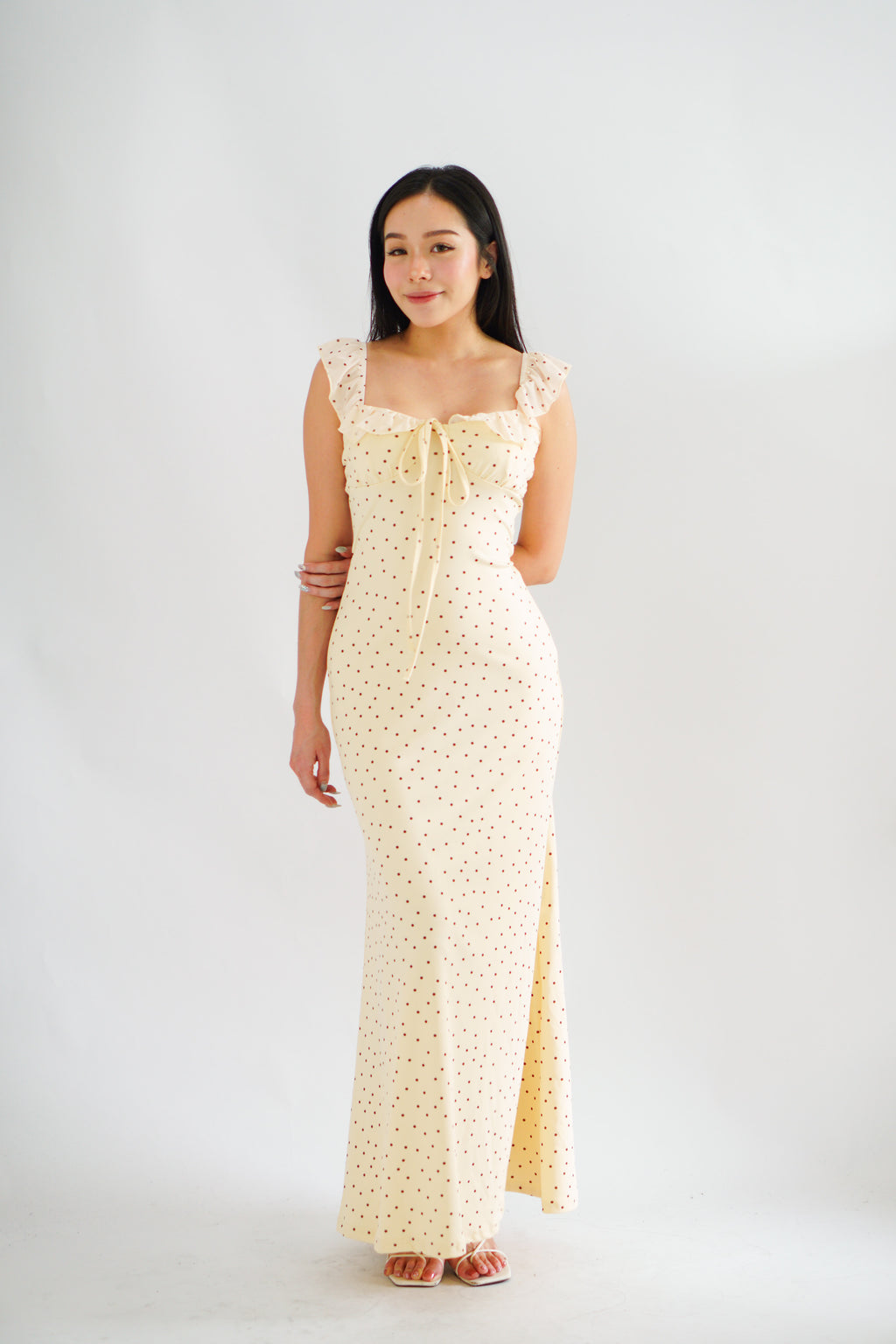 Sun and Moon Polkadot Ruffle Sleeves Maxi Bodycon Dress in Cream