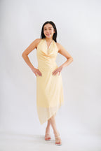 Honey Glow Polkadot 2 Piece Halter Cowl Neck Skirt Set in Yellow