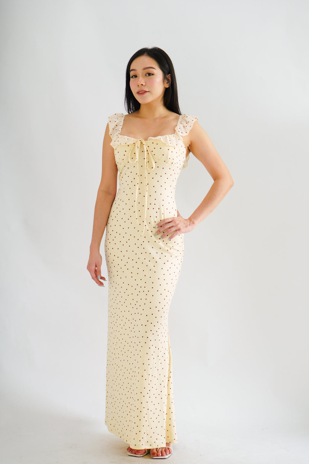 Sun and Moon Polkadot Ruffle Sleeves Maxi Bodycon Dress in Cream