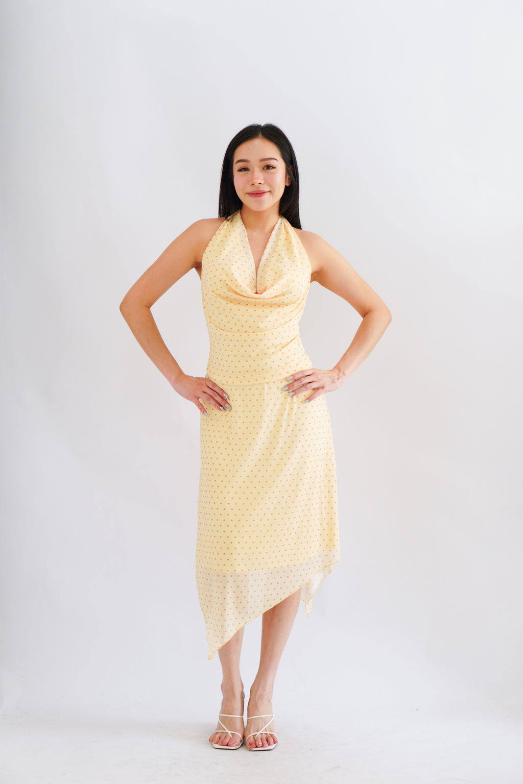 Honey Glow Polkadot 2 Piece Halter Cowl Neck Skirt Set in Yellow