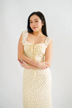 Sun and Moon Polkadot Ruffle Sleeves Maxi Bodycon Dress in Cream