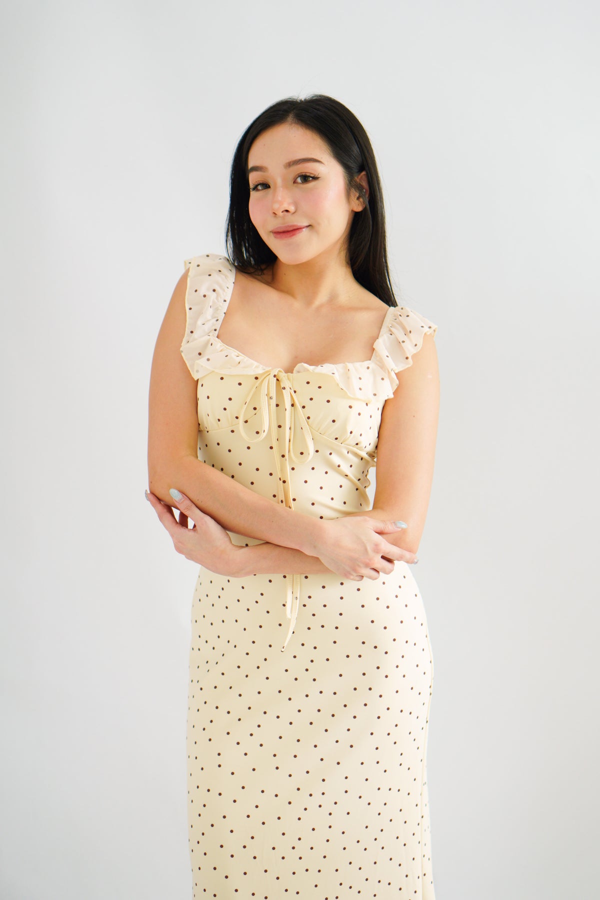 Sun and Moon Polkadot Ruffle Sleeves Maxi Bodycon Dress in Cream