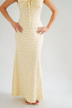 Sun and Moon Polkadot Ruffle Sleeves Maxi Bodycon Dress in Cream