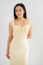 Sun and Moon Polkadot Ruffle Sleeves Maxi Bodycon Dress in Cream