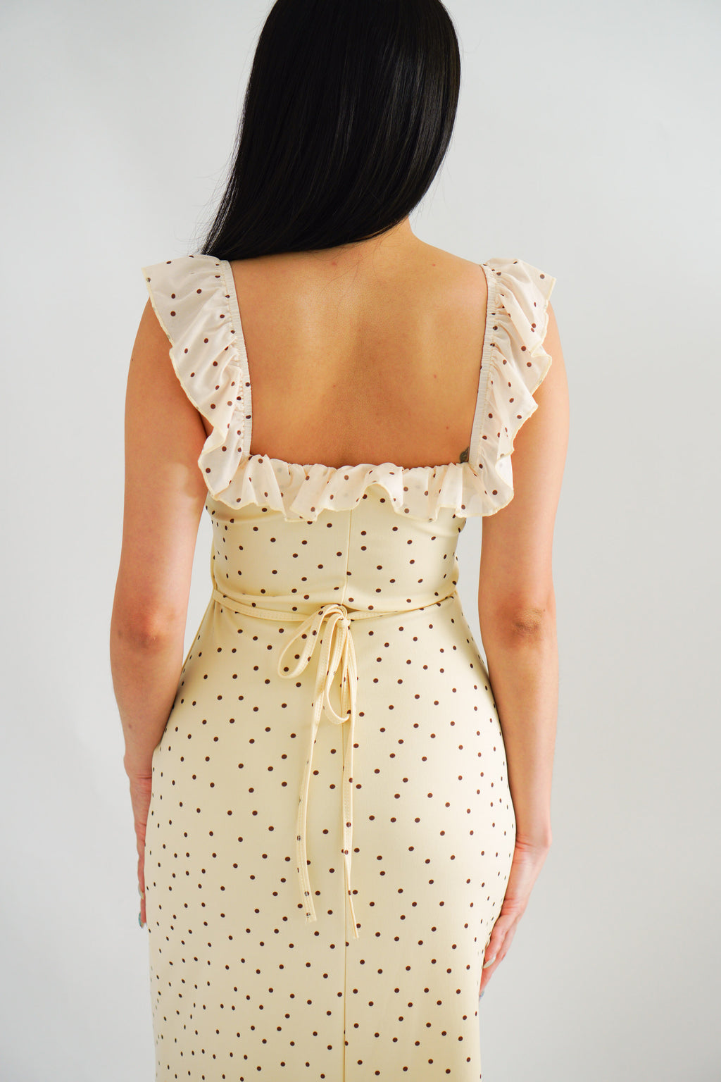 Sun and Moon Polkadot Ruffle Sleeves Maxi Bodycon Dress in Cream