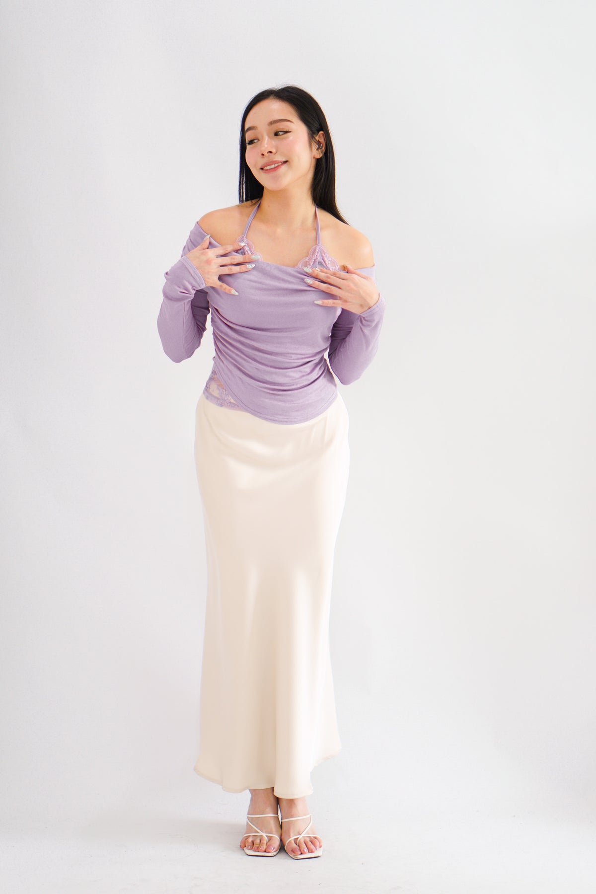 Nyra Faux 2 Piece Long Sleeve Lace Top in Purple