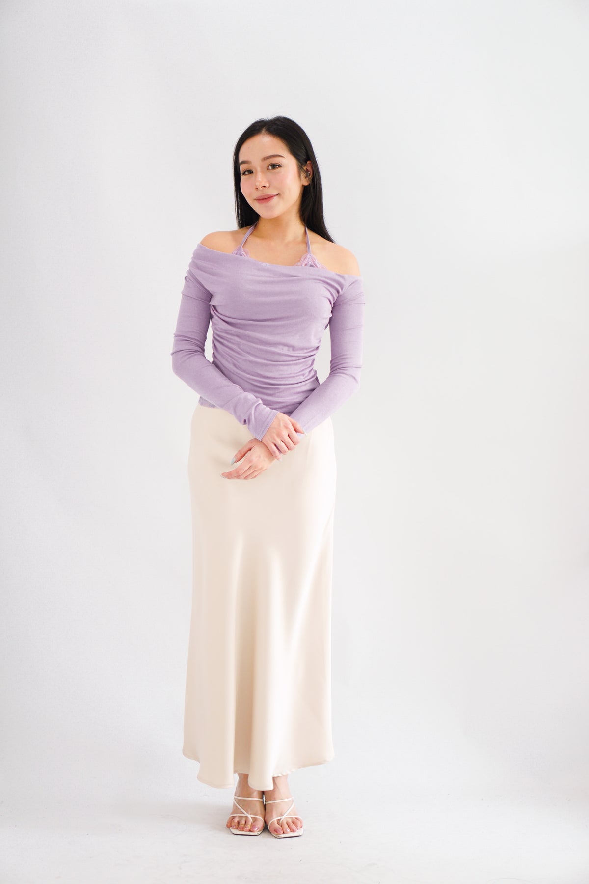 Nyra Faux 2 Piece Long Sleeve Lace Top in Purple