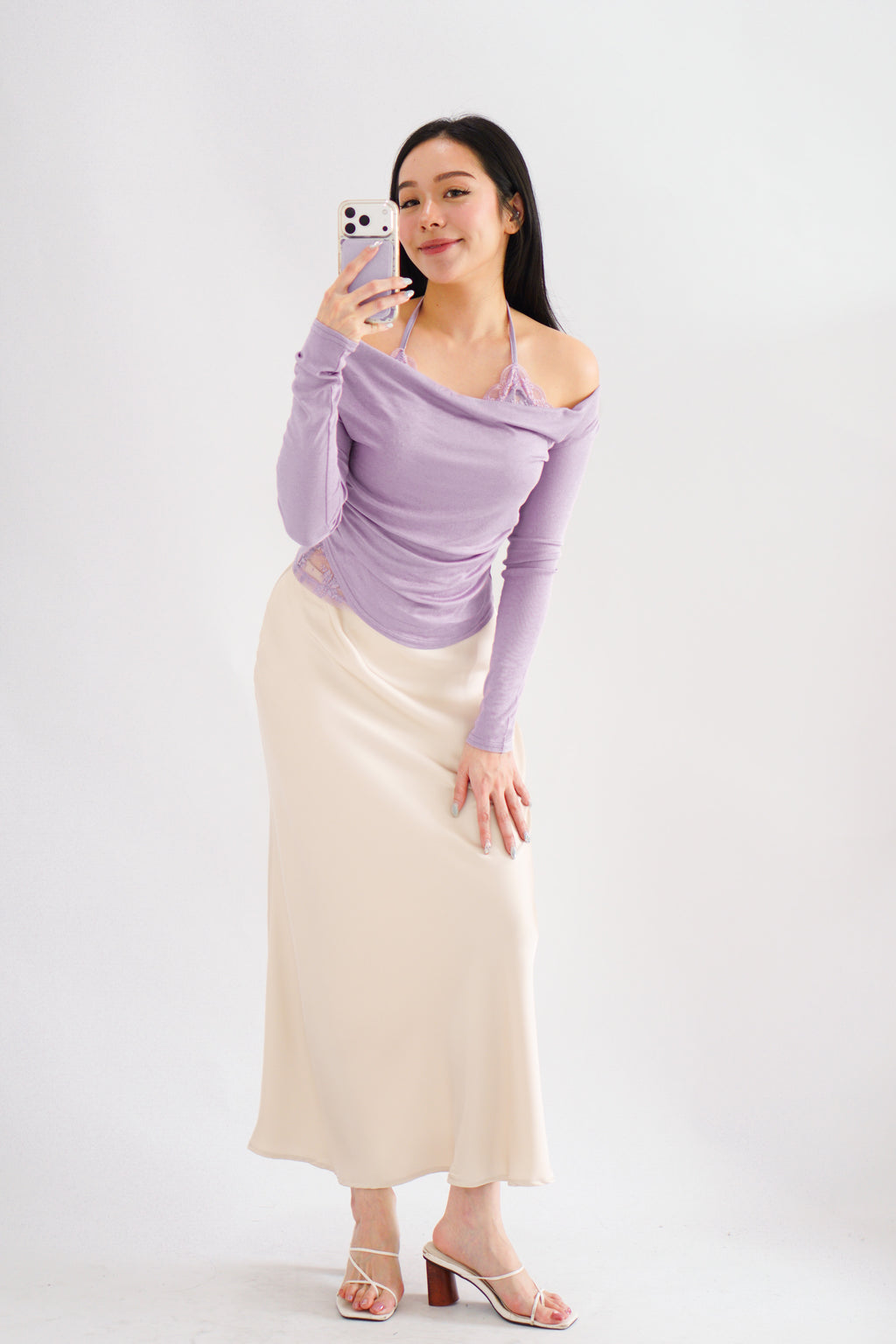 Nyra Faux 2 Piece Long Sleeve Lace Top in Purple