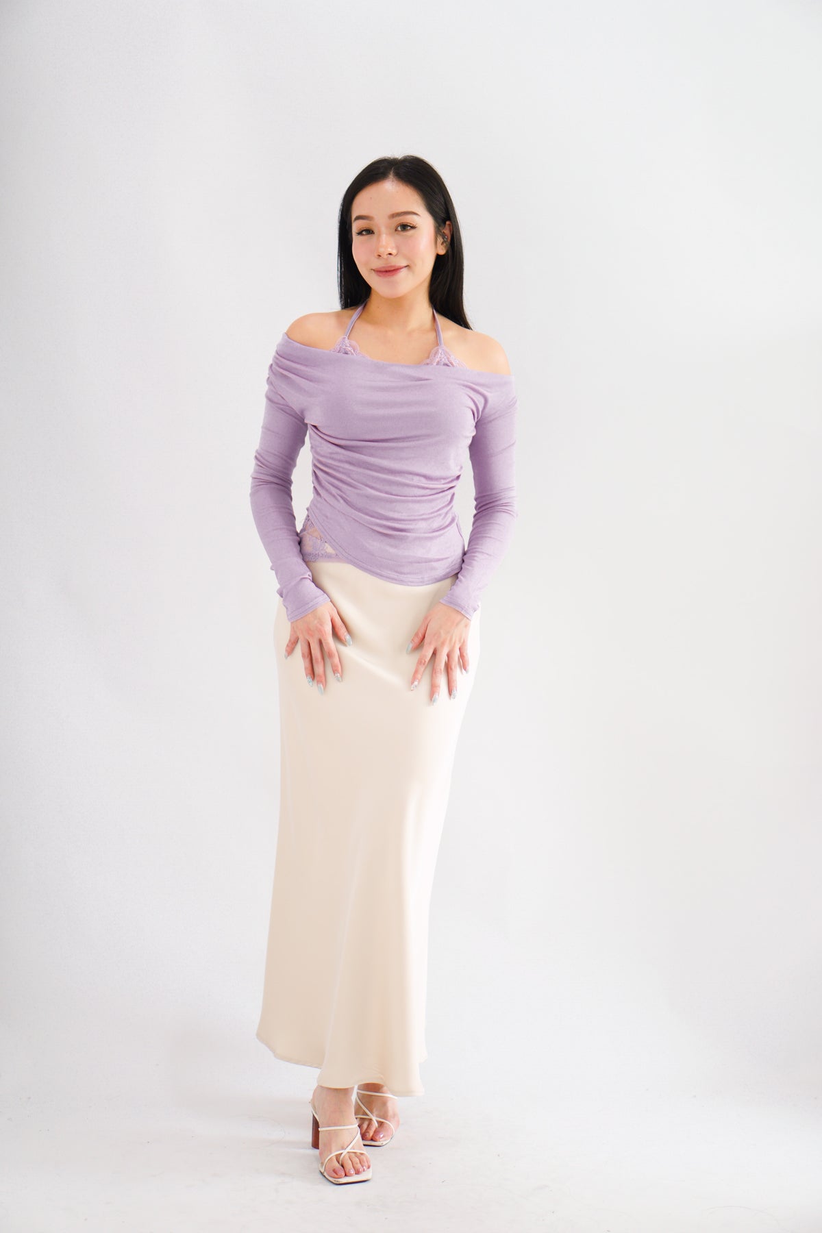 Nyra Faux 2 Piece Long Sleeve Lace Top in Purple