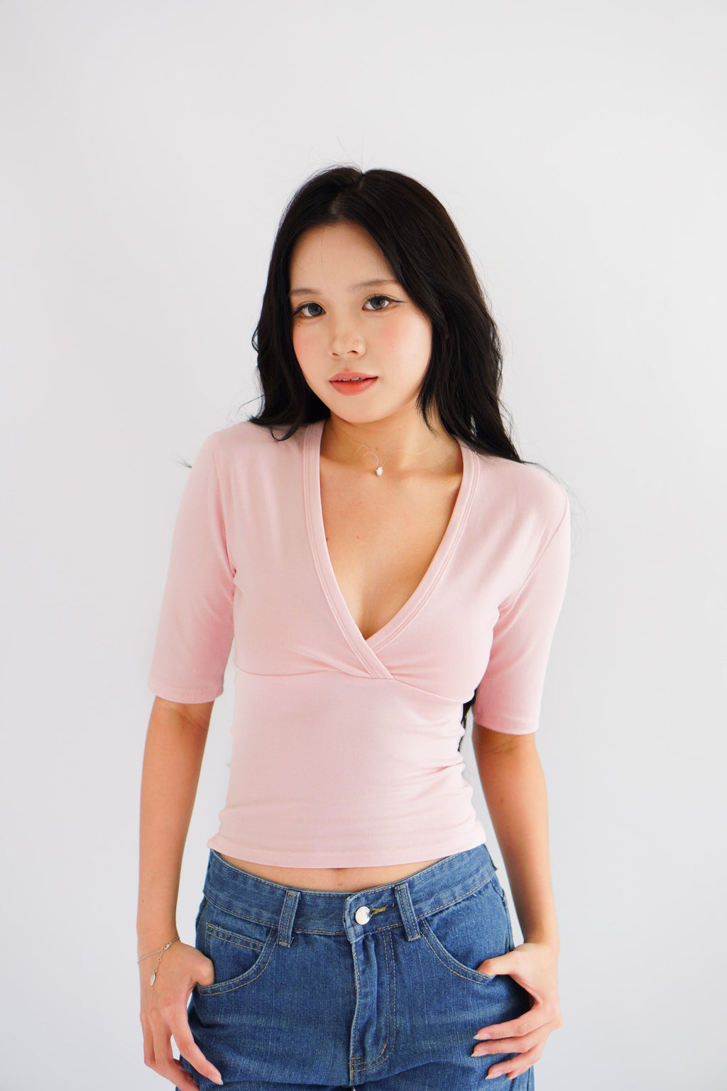 Jeanna V Neck Mid Sleeve Top in Pink