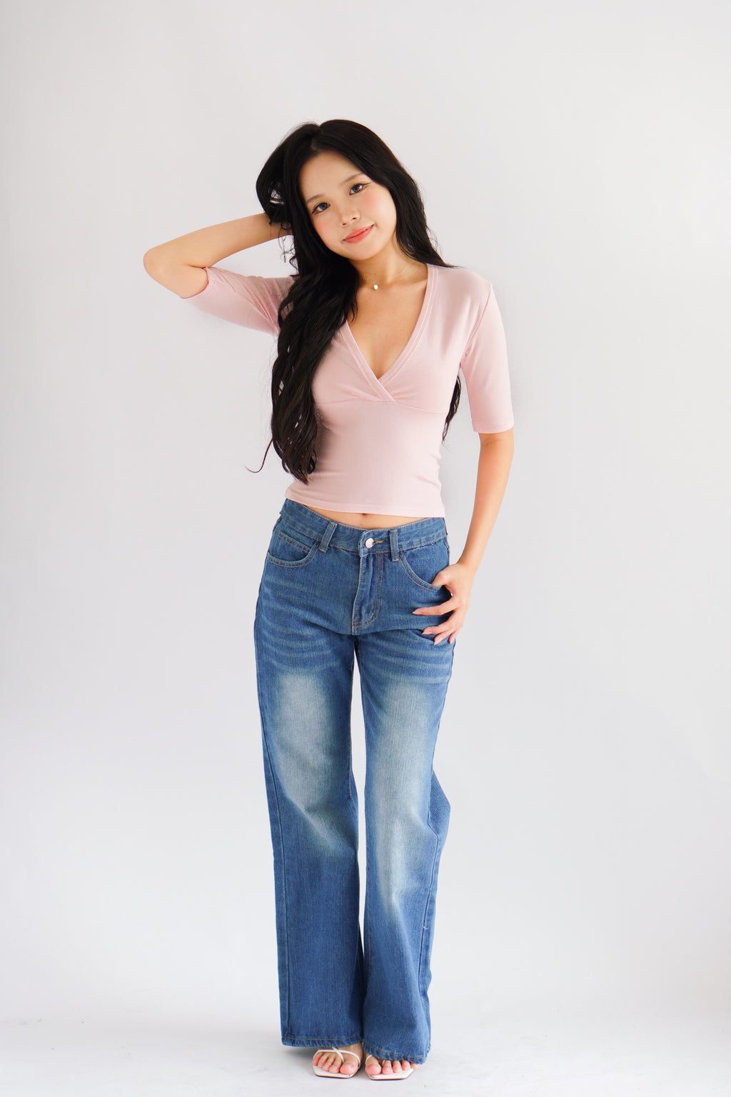 Jeanna V Neck Mid Sleeve Top in Pink