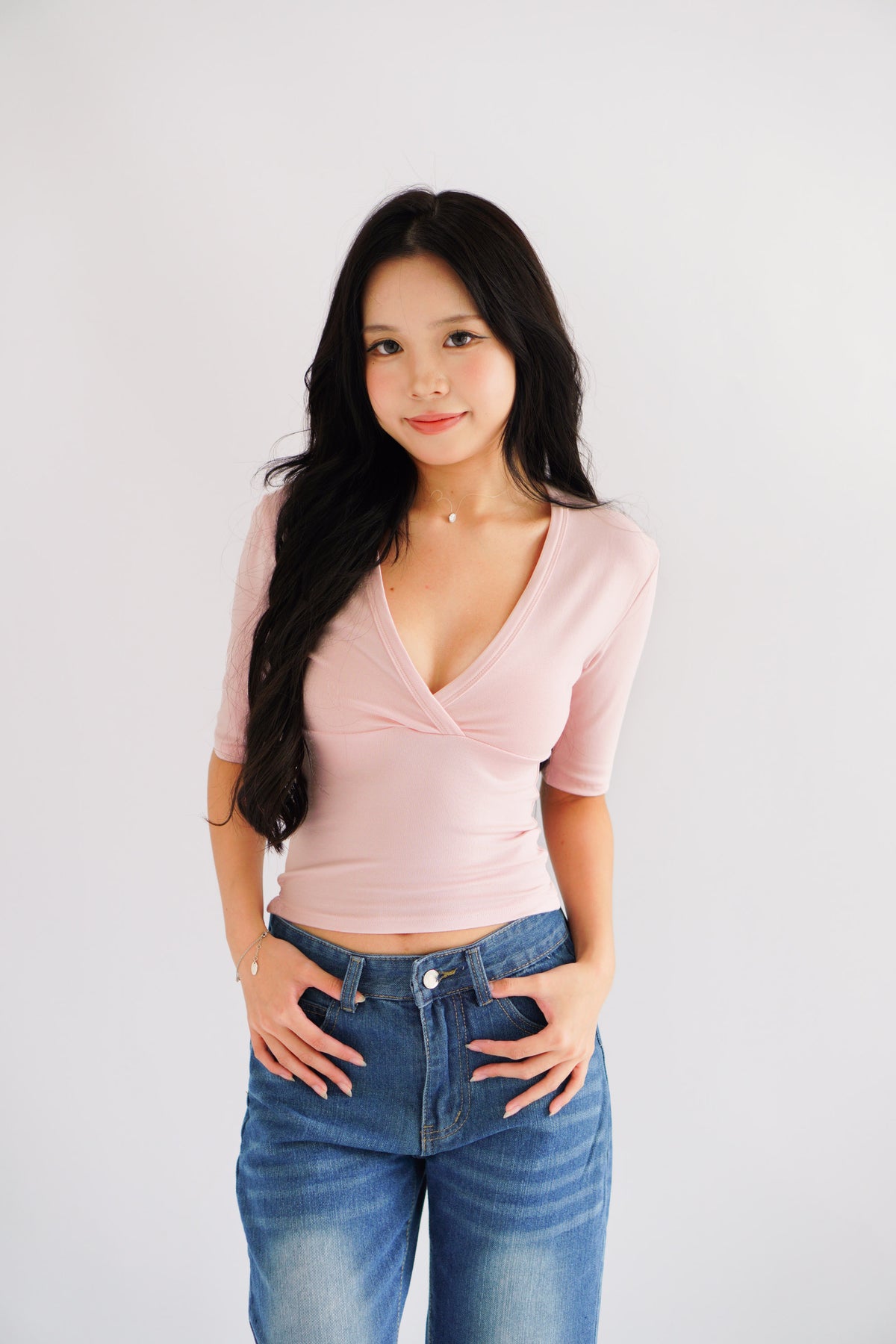 Jeanna V Neck Mid Sleeve Top in Pink