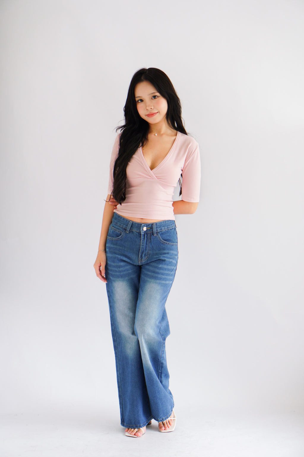 Jeanna V Neck Mid Sleeve Top in Pink