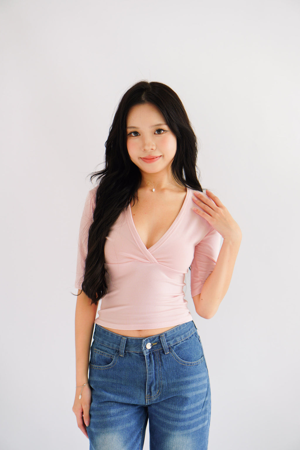 Jeanna V Neck Mid Sleeve Top in Pink
