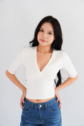 Jeanna V Neck Mid Sleeve Top in White
