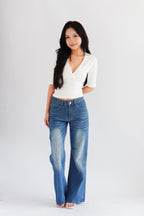 Jeanna V Neck Mid Sleeve Top in White