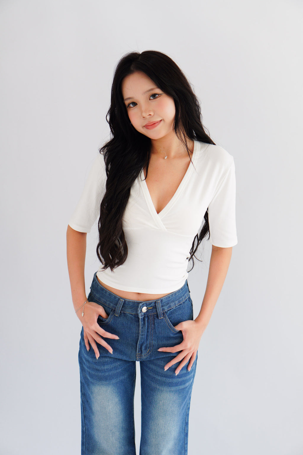 Jeanna V Neck Mid Sleeve Top in White