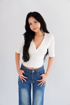 Jeanna V Neck Mid Sleeve Top in White