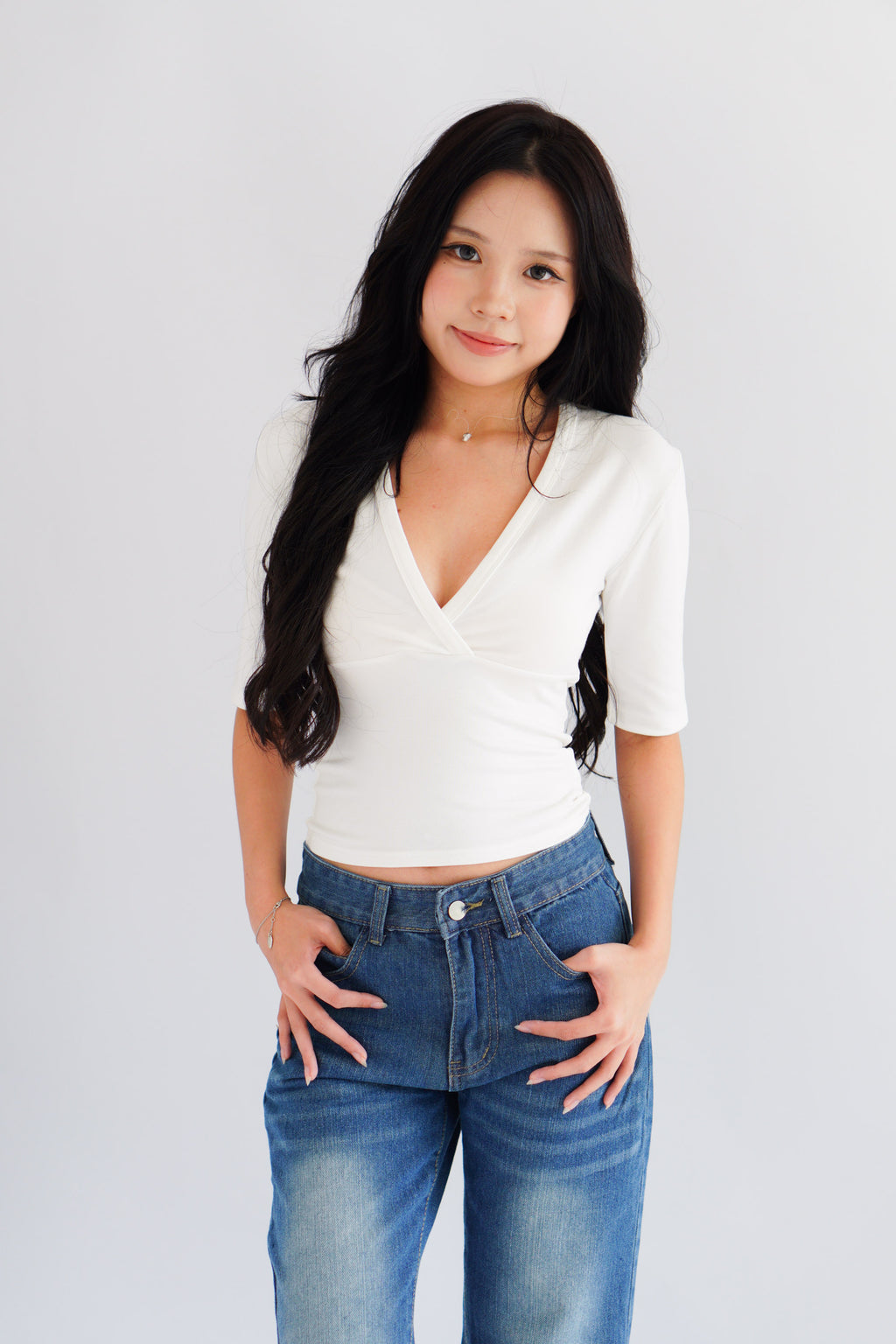 Jeanna V Neck Mid Sleeve Top in White
