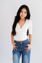 Jeanna V Neck Mid Sleeve Top in White