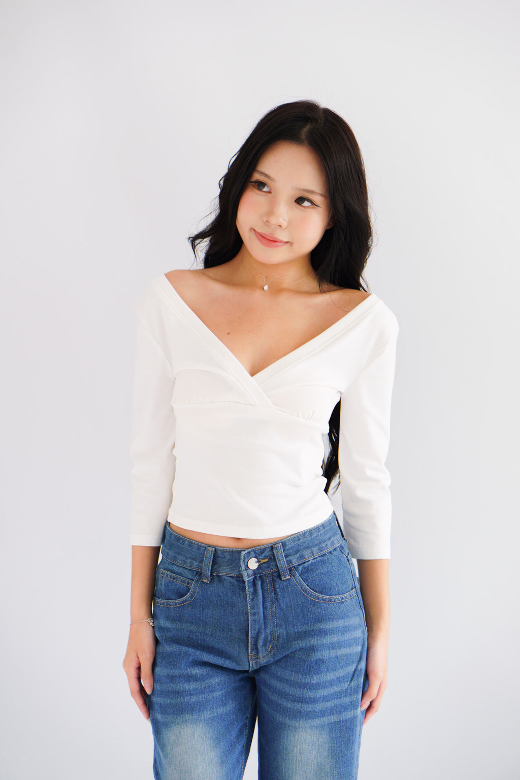 Miss Nara Mid Long Sleeve Top in White