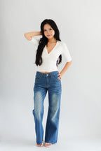 Jeanna V Neck Mid Sleeve Top in White