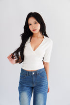 Jeanna V Neck Mid Sleeve Top in White