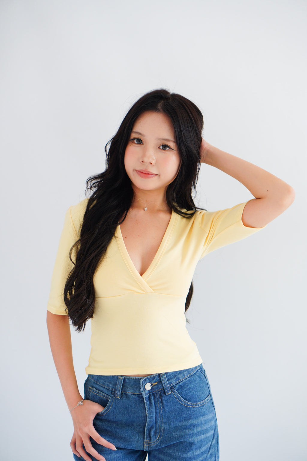 Jeanna V Neck Mid Sleeve Top in Yellow