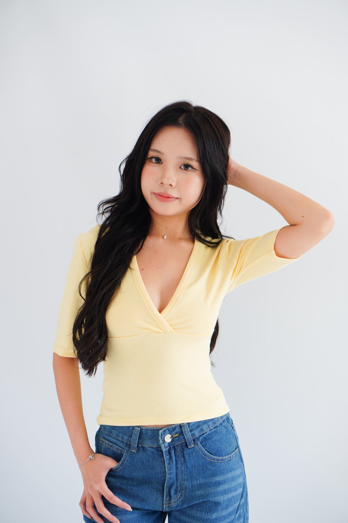 Jeanna V Neck Mid Sleeve Top in Yellow