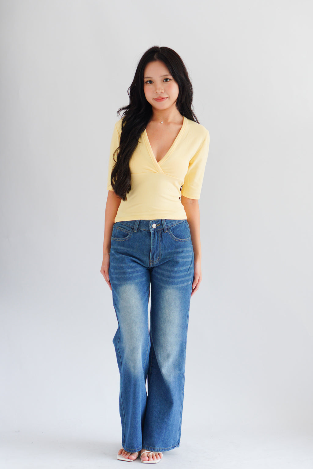 Jeanna V Neck Mid Sleeve Top in Yellow