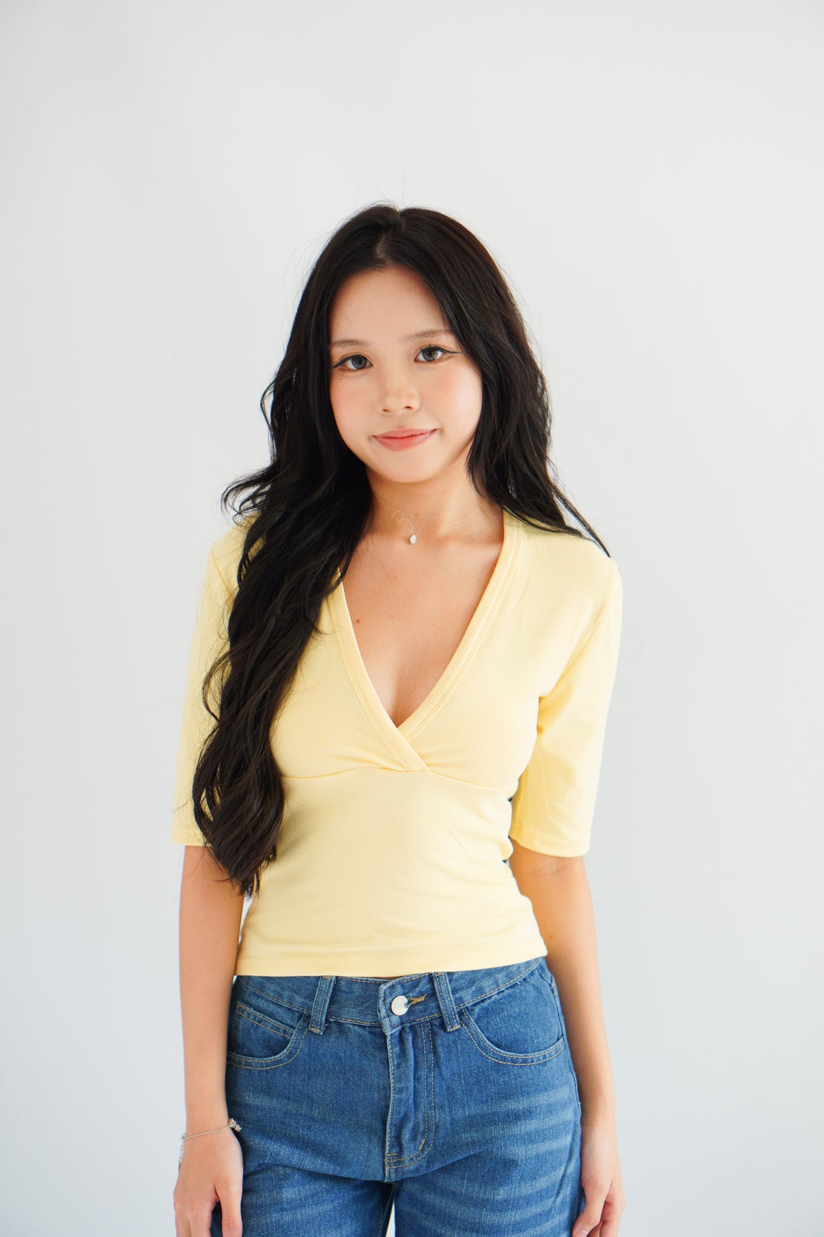 Jeanna V Neck Mid Sleeve Top in Yellow