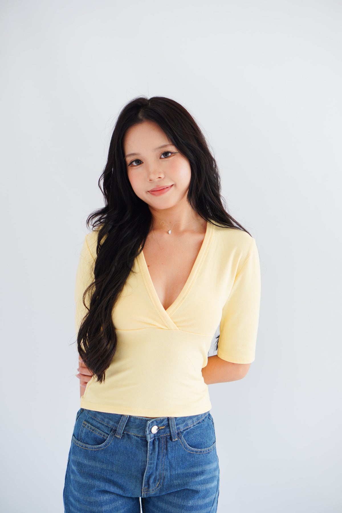 Jeanna V Neck Mid Sleeve Top in Yellow