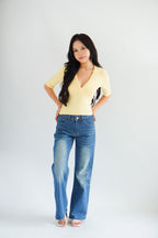 Jeanna V Neck Mid Sleeve Top in Yellow