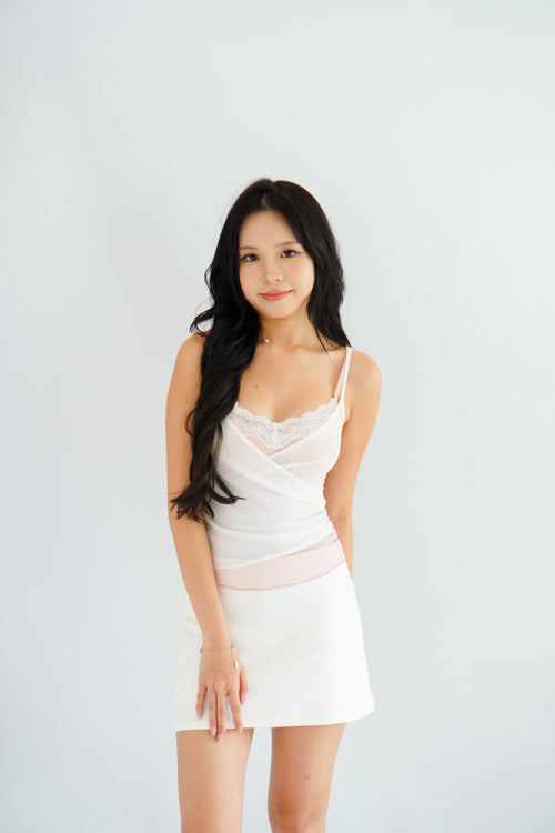 Cam Faux 2 Layer Mesh Lace Camisole Top in Pink