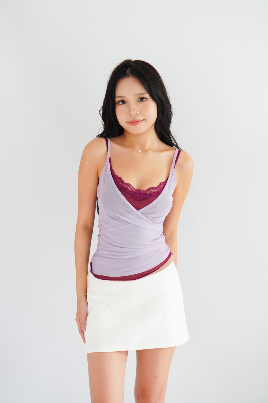 Cam Faux 2 Layer Mesh Lace Camisole Top in Purple