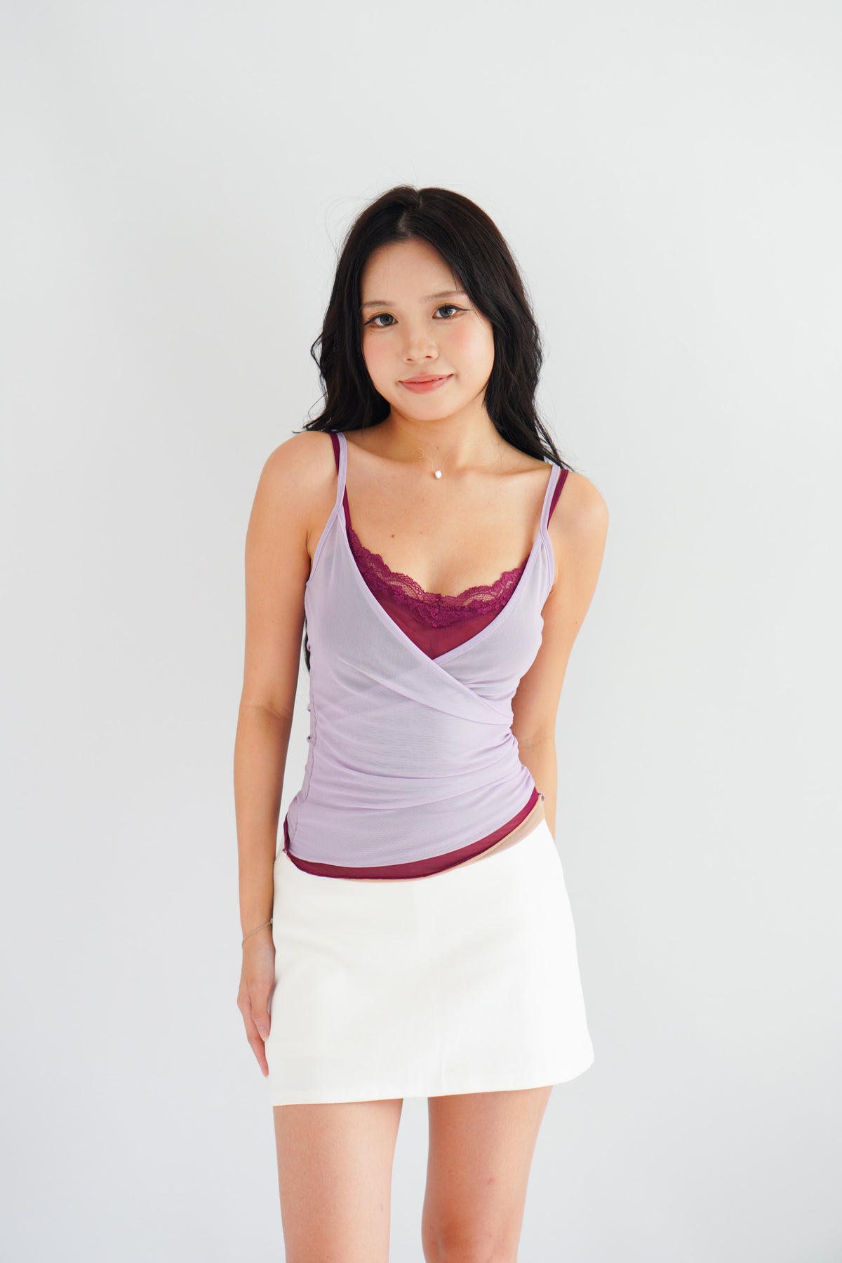 Cam Faux 2 Layer Mesh Lace Camisole Top in Purple