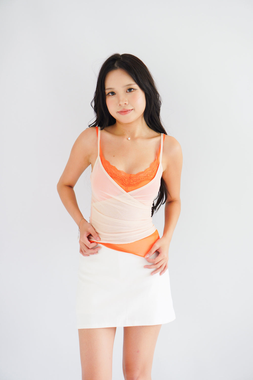 Cam Faux 2 Layer Mesh Lace Camisole Top in Orange