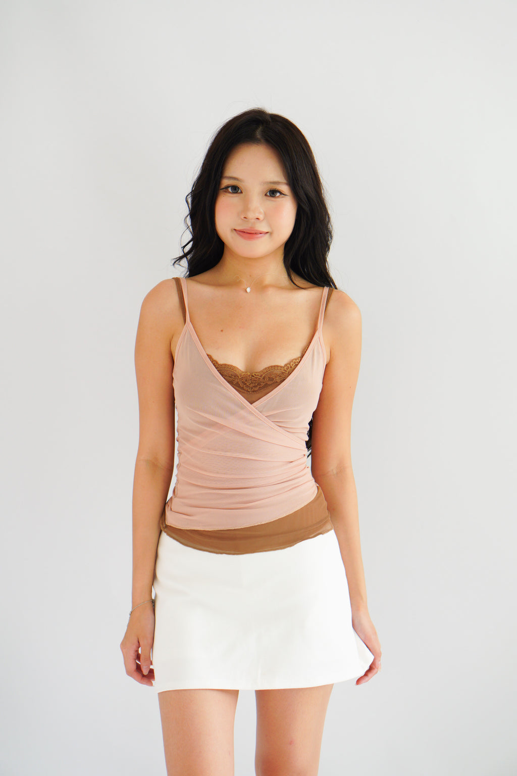 Cam Faux 2 Layer Mesh Lace Camisole Top in Khaki