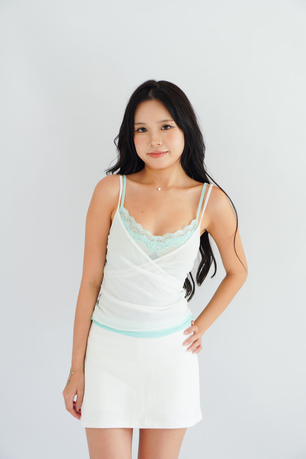 Cam Faux 2 Layer Mesh Lace Camisole Top in Teal Green