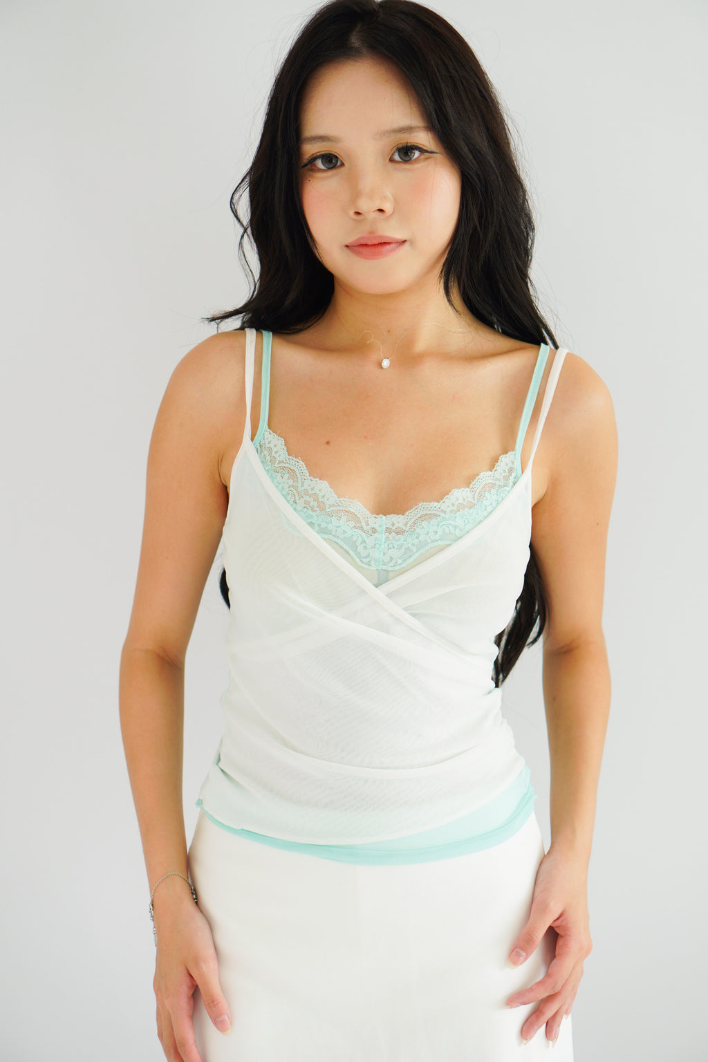 Cam Faux 2 Layer Mesh Lace Camisole Top in Teal Green