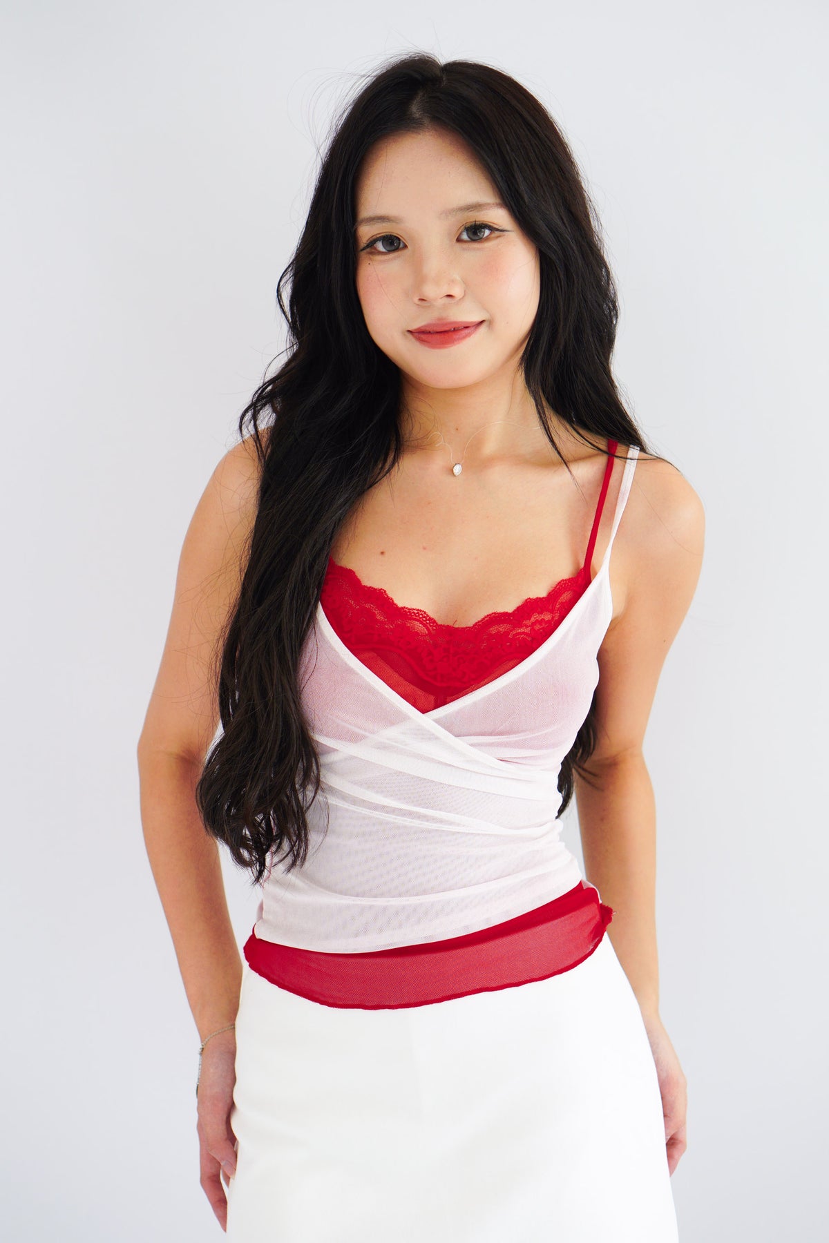 Cam Faux 2 Layer Mesh Lace Camisole Top in Red