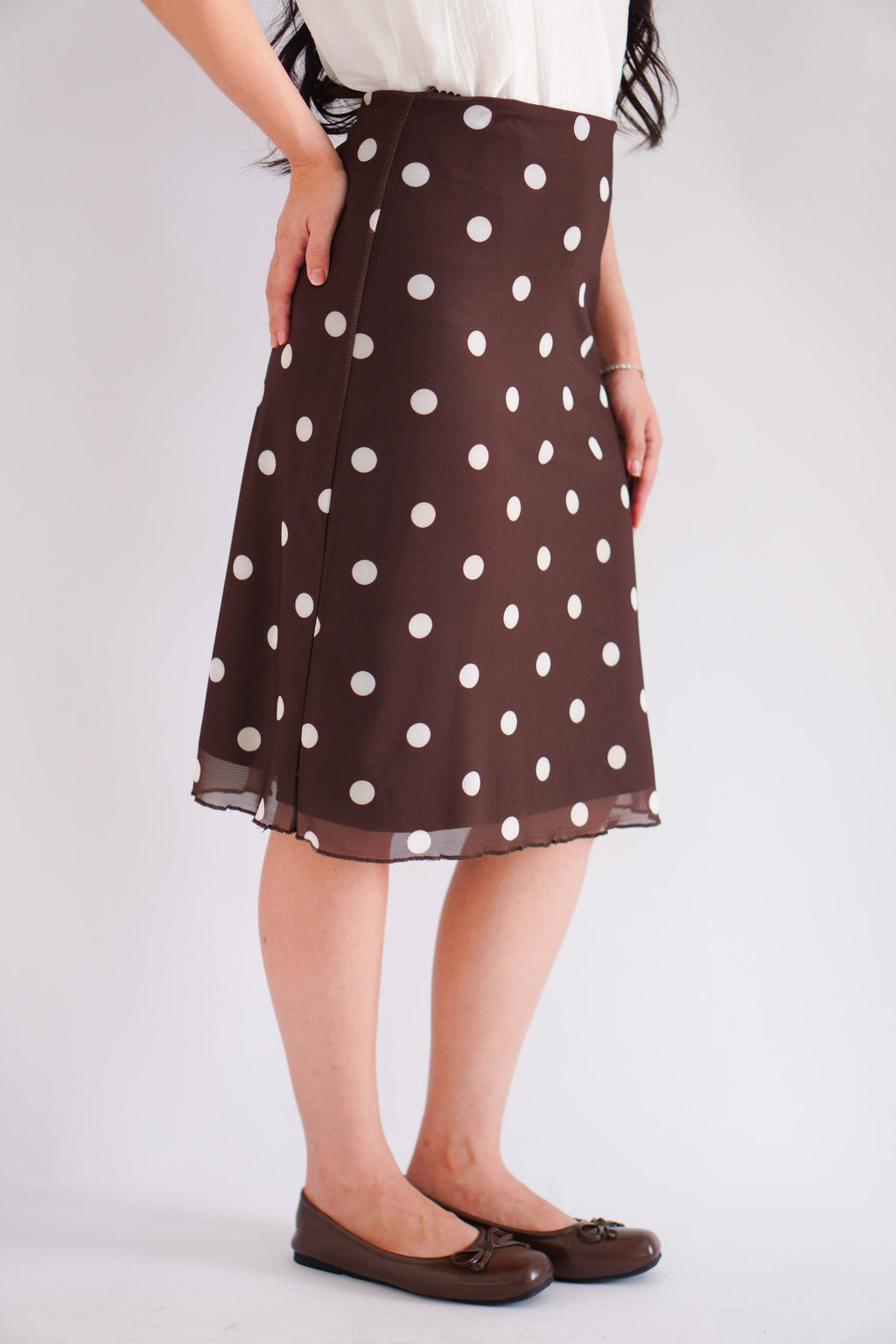 Calista Polkadot Midi Skirt in Brown