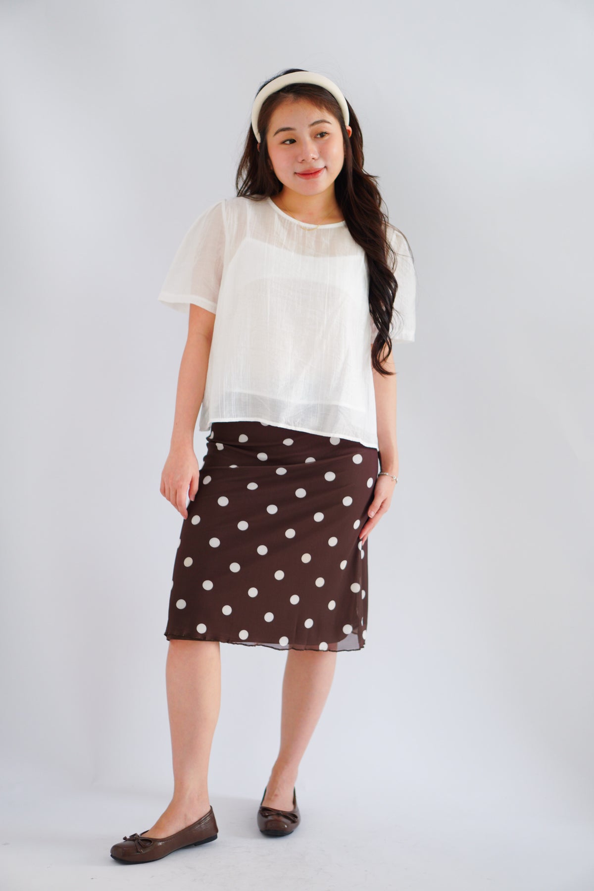 Calista Polkadot Midi Skirt in Brown