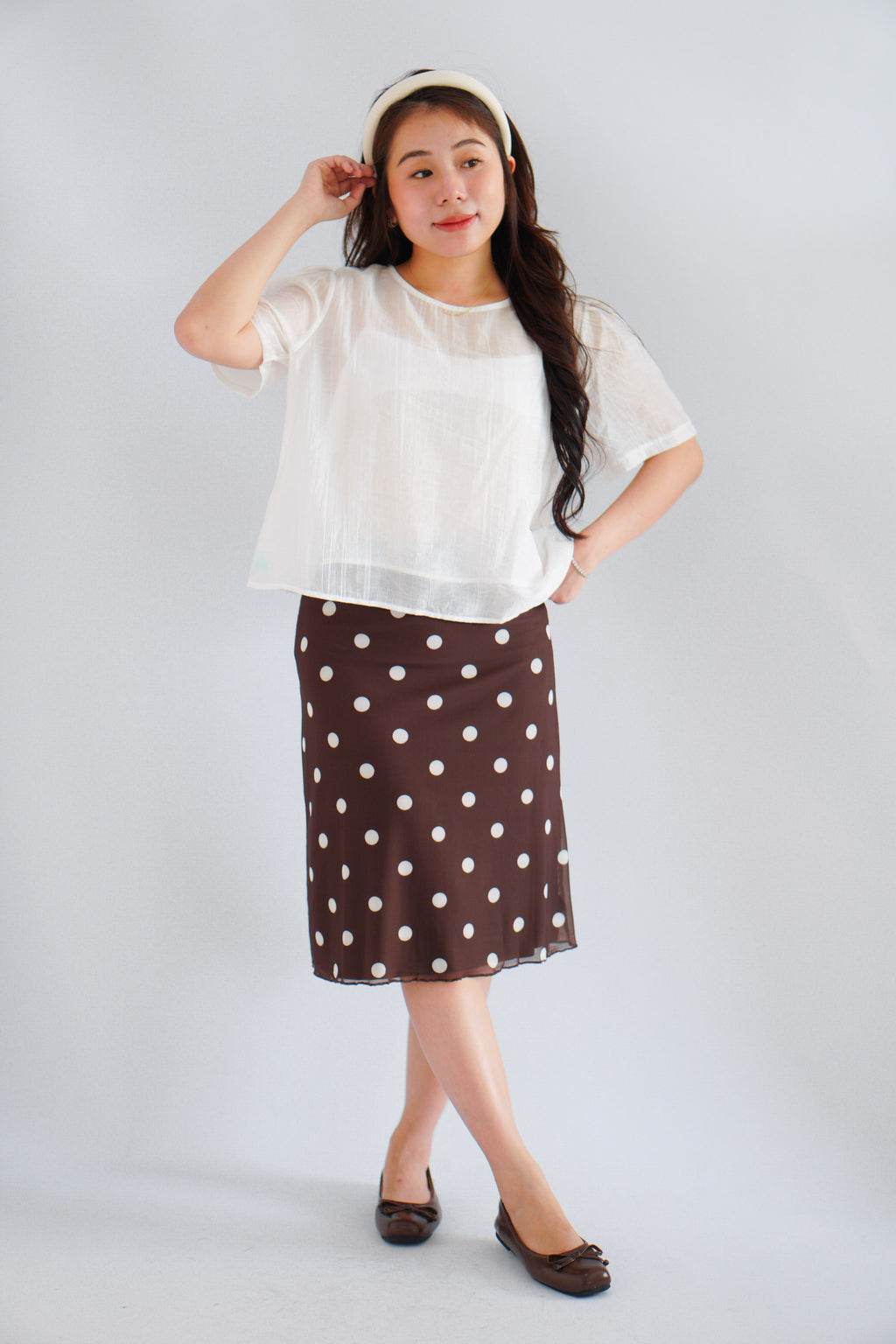 Calista Polkadot Midi Skirt in Brown