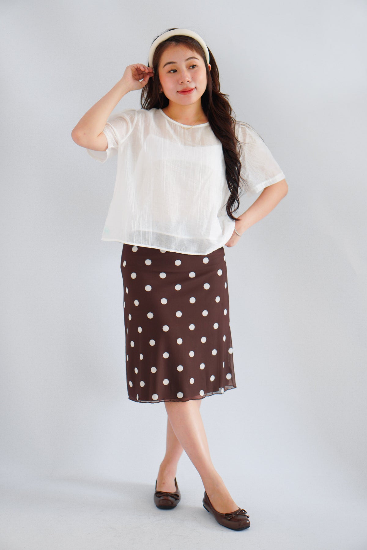 Calista Polkadot Midi Skirt in Brown