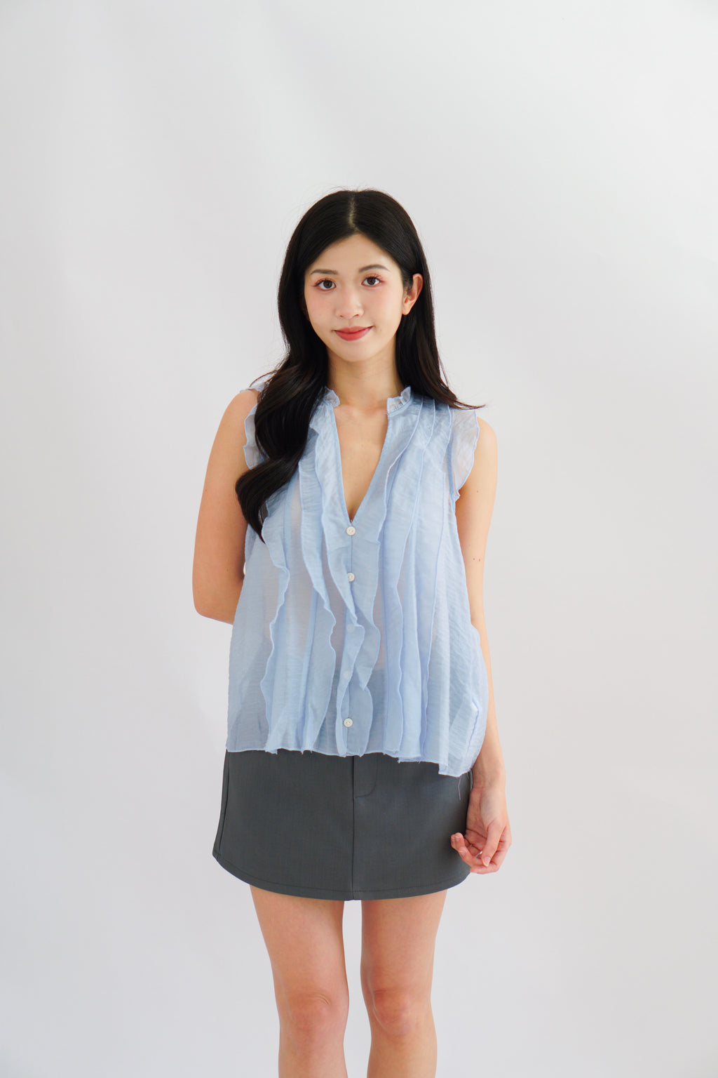 Aline Ruffle V Neck Top in Blue